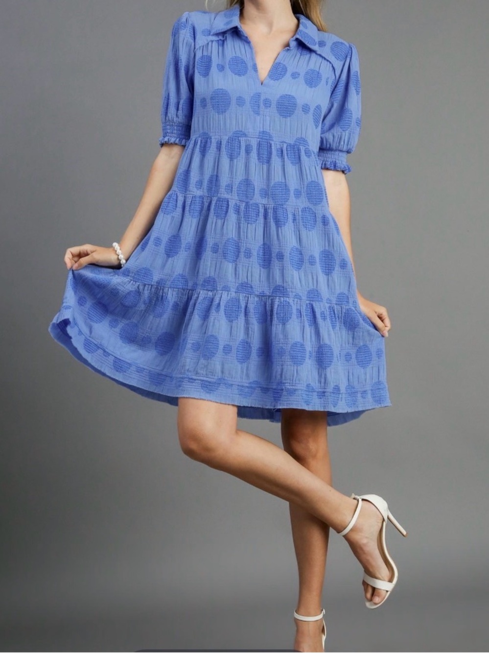 Umgee Blue Polka Dot Tiered V-Neck Mini Dress